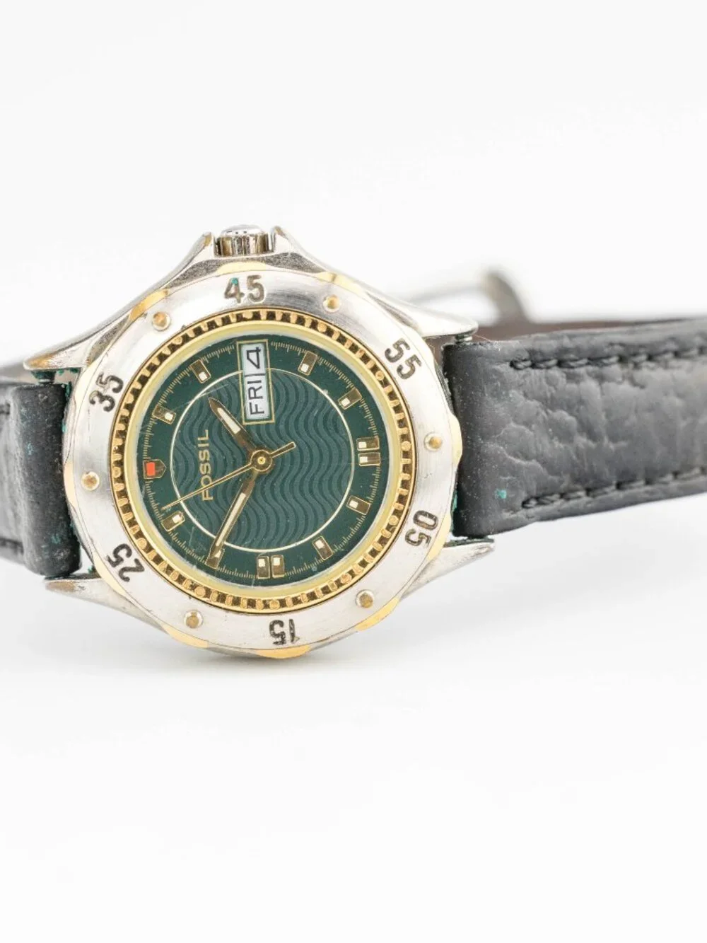 Fossil AM-3023 Green Wave Dial Day-Date Quartz Analog Men's Watch New Battery